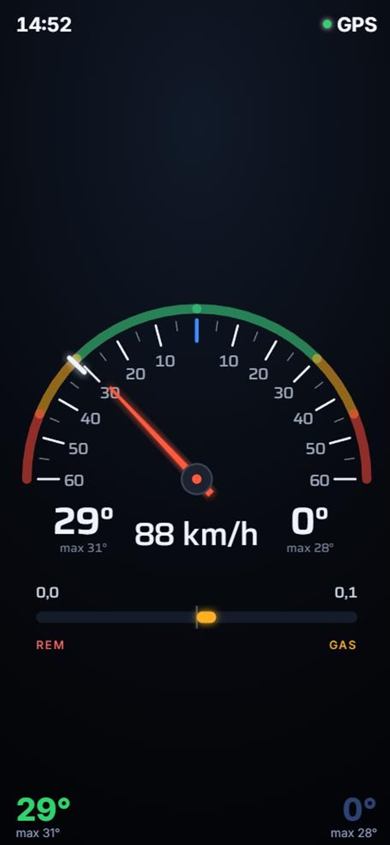 Lean pro riding screen in a left-hand bend: 29 degrees at 88 km/h