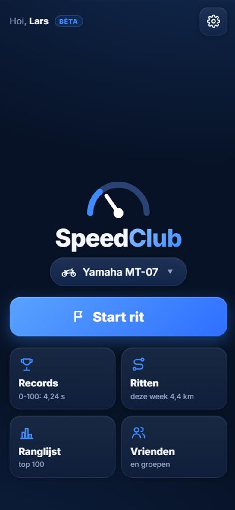 SpeedClub start screen with the Start ride button